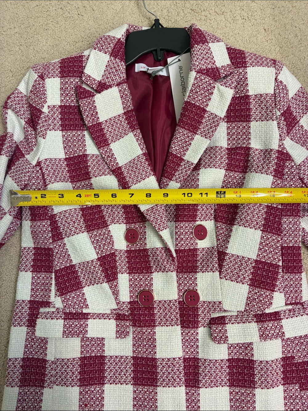 Liz Claiborne Maroon and White Checked Double-Breasted Blazer - Picture 2 of 4